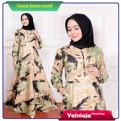 Gamis Wanita Terbaru Katun Motif Bunsui Dress Formal Fashion Muslim