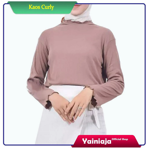 Kaos Wanita Lengan Panjang Rib Neci Curly Premium